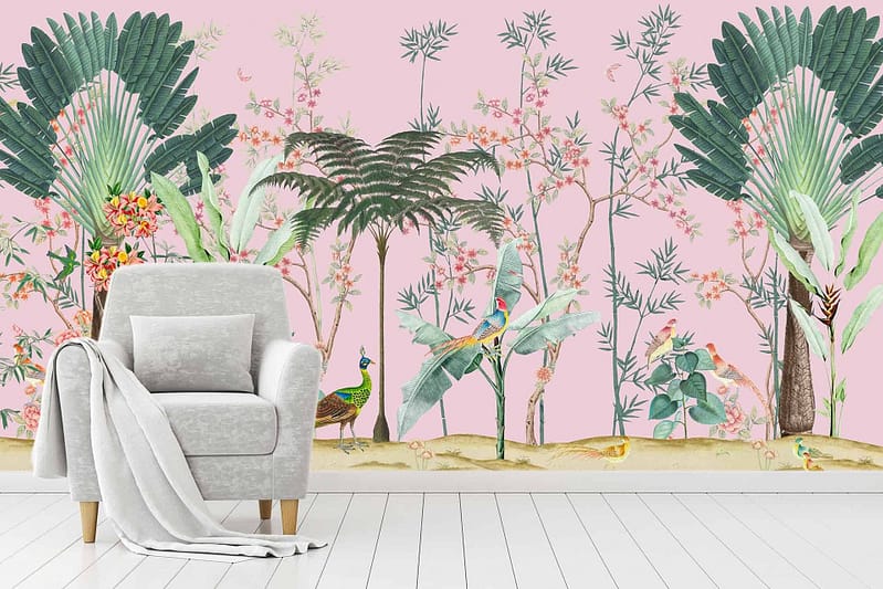 The wallpaper features a vibrant mural with tropical plants, flowers, and birds set against a pink background. Elements include lush green leaves, various colorful flowers in hues of red, orange, and yellow, and exotic birds with bright blue and red feathers.