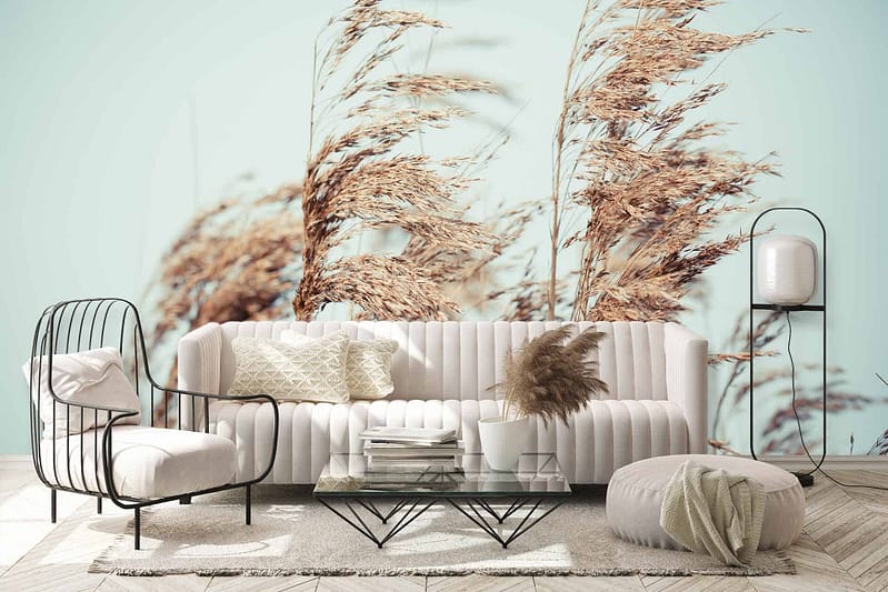 Pastel wall mural featuring a close-up of golden wheat. Elements include golden wheat stalks, subtle pastel hues, light beige, soft greens, and muted earth tones.