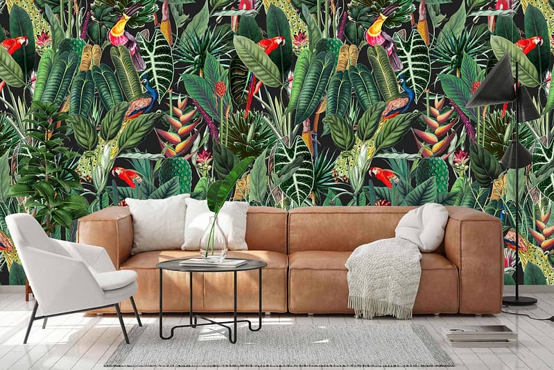 The wallpaper features lush green leaves, birds, and exotic flowers in vibrant Paradiso design.