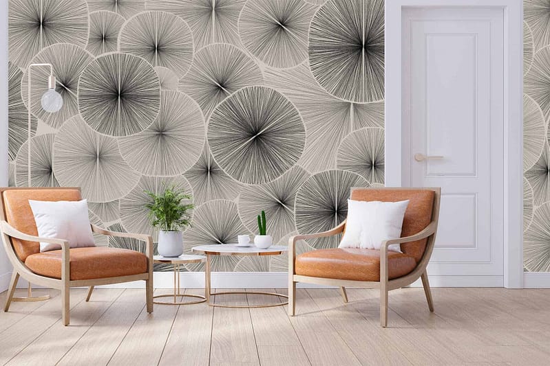 The wallpaper features an abstract pattern with large circular designs in neutral tones, resembling pencil sketches.