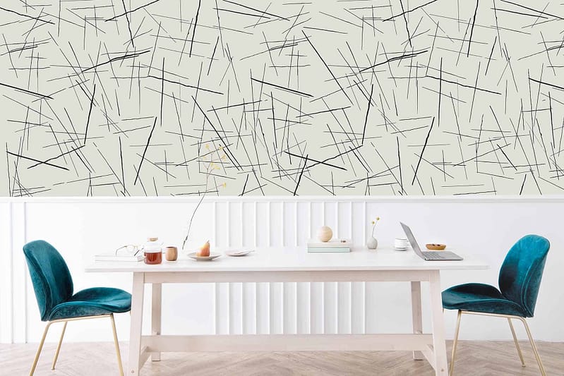 The wallpaper features an abstract pattern of intersecting black lines on a light background. It's minimalistic and modern, using the stark contrast of black against a muted, light backdrop to create a striking design element.