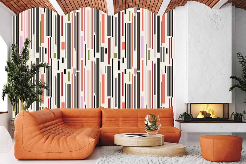 Colorful vertical stripe wallpaper inspired by Piet, featuring vibrant and varied hues like bold primary colors (red, blue, yellow), interspersed with softer tones (pastel pinks, greens). Stripes of different widths create a dynamic pattern that captures the essence of modern abstract art.