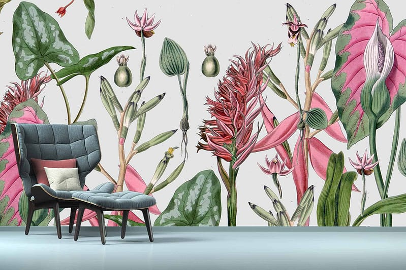 The wallpaper features large, vibrant green leaves and pink flowers, creating a botanical theme with illustrations of various plant types. The predominant colors are lush green and bright pink, evoking a sense of being in a vivid garden setting.