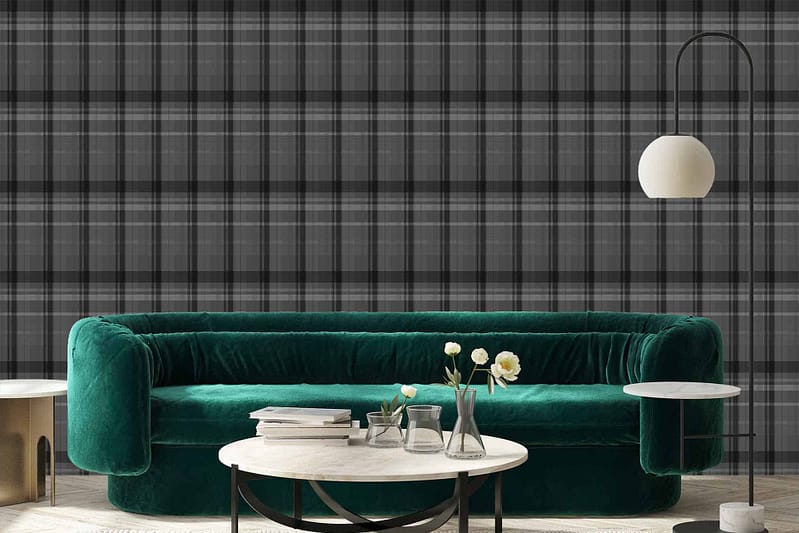 The wallpaper features a dark plaid pattern with interwoven lines of deep green, navy blue, and black.