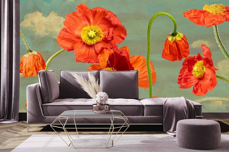 Vibrant mural 'Poppy Skies' featuring large, bright orange poppies against a muted green backdrop.