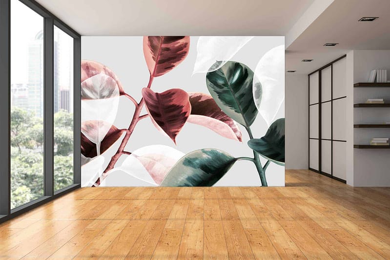 The wallpaper features a vibrant mural of oversized, colorful leaves. Elements include large, intricately detailed leaves in shades of green, teal, and coral. The bold patterns and tropical theme make it a striking centerpiece. The colors are vivid and evoke a sense of nature within the space.