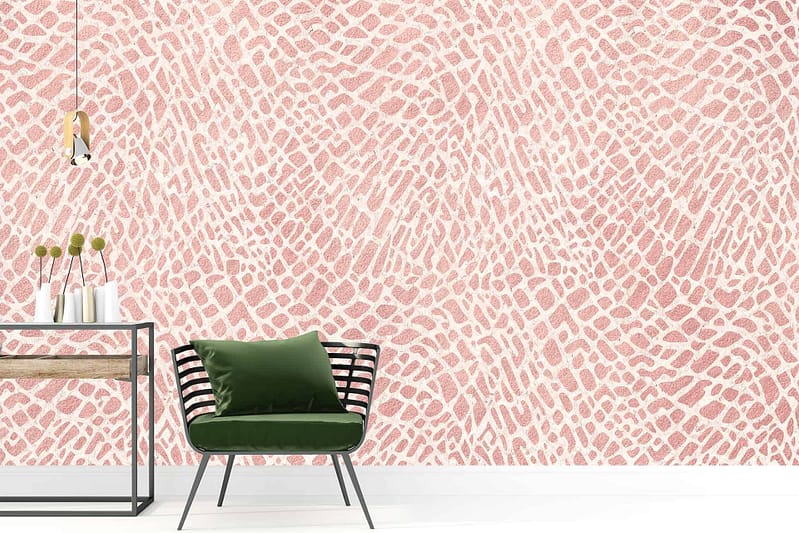 Stylish room features a pink and white abstract-patterned wallpaper. The design includes varying shades of pink—from soft blush to vibrant magenta—intermixed with crisp white swirls and geometric shapes. This eye-catching wallpaper serves as a bold, modern backdrop for the space.