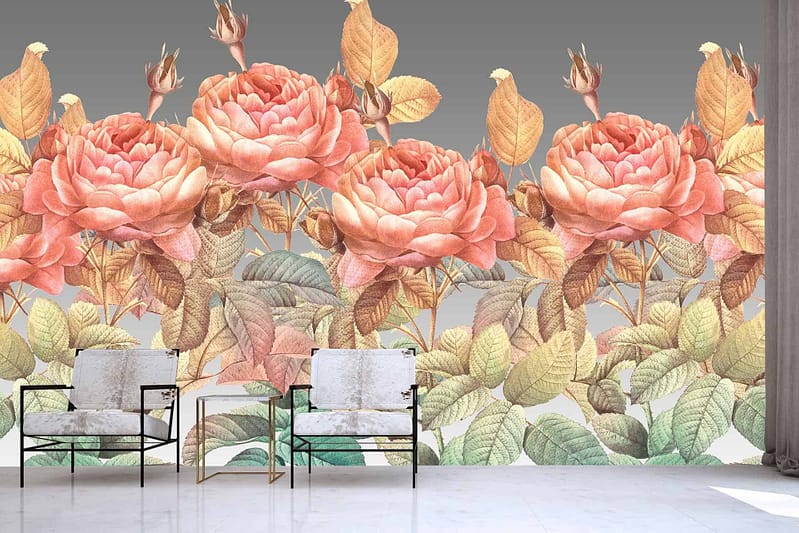 The wallpaper features a large floral mural with oversized pink roses and green leaves. The vibrant pink hues of the roses stand out against the lush green backdrop, creating a stunning focal point.