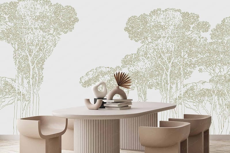 The wallpaper features intricate tree designs in a subtle, light green hue. The large, detailed patterns of the trees create a serene and natural backdrop, blending shades of pale mint and soft sage.