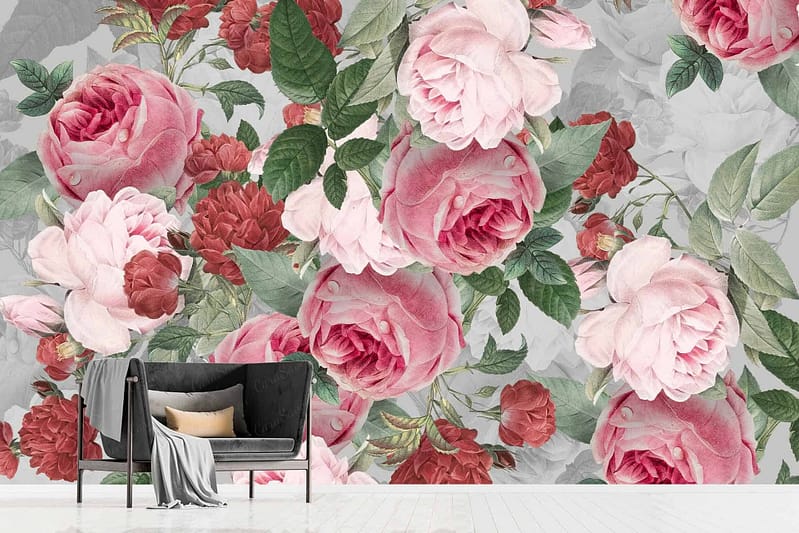 Vibrant floral wallpaper with large pink and red roses, green leaves, nicknamed "Rosie.