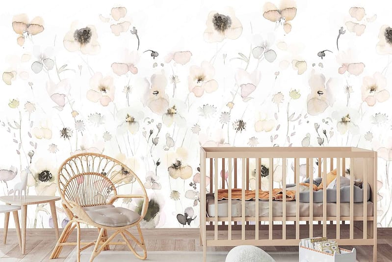 Pastel floral wallpaper adorned with soft, delicate flowers in shades of pink, blue, and yellow. The design exudes a Seeds Of Hope theme with gentle blooms and subtle green leaves on a light pastel background.