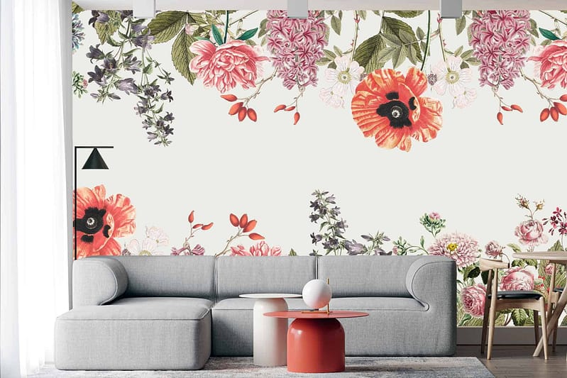 Vibrant floral mural with pink, red, and white flowers.