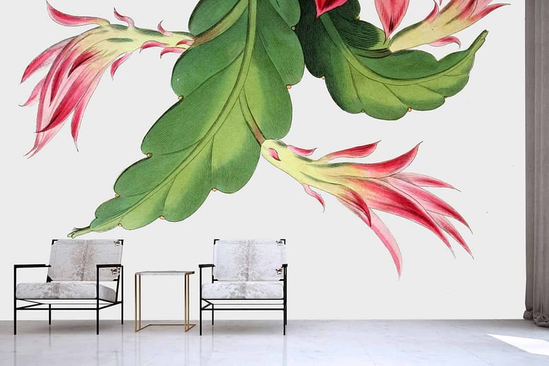 The wallpaper features a large botanical mural with vibrant green leaves and pink-tipped flowers.