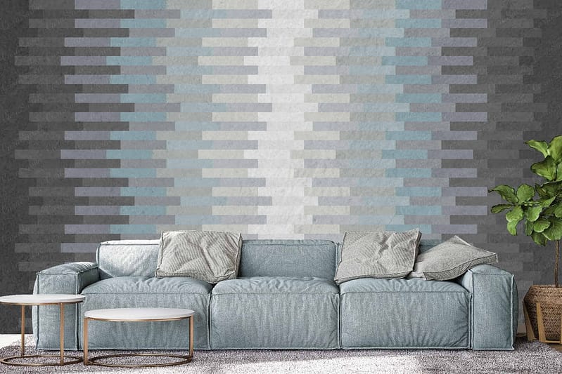 Geometric-patterned wallpaper, shades of blue and white.