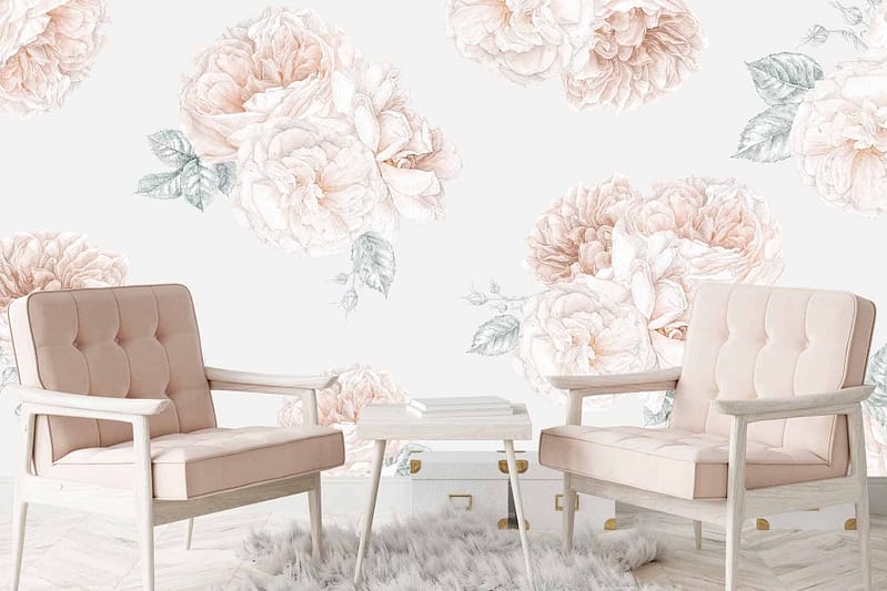 The wallpaper features large, soft pink peonies and green leaves.
