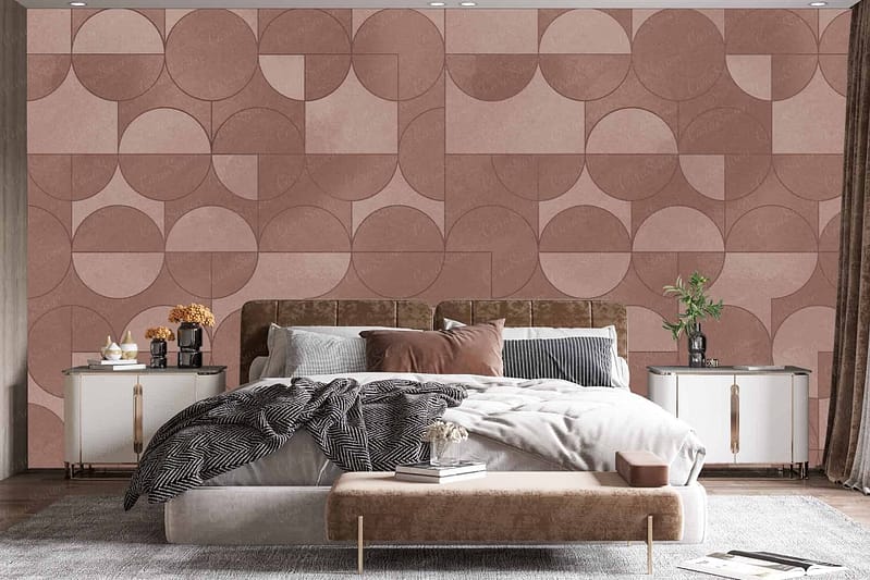 The modern bedroom features an artistic, geometric wallpaper with shades of brown and beige.