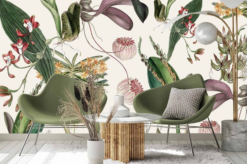 Large botanical mural, vibrant flowers, leaves, colorful petals, green foliage, tropical plants, lively nature scene.