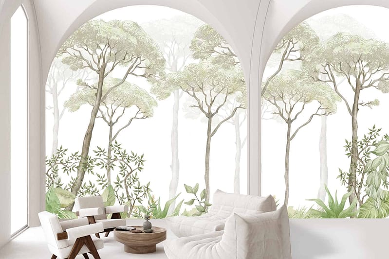 The wallpaper showcases soft, illustrative tree art of Stoney Pines with muted greens and gentle browns, set against a light, airy background. The natural theme extends greenery into the room, creating a serene atmosphere. Key elements: Stoney Pines trees, off-white background, muted greens and browns.