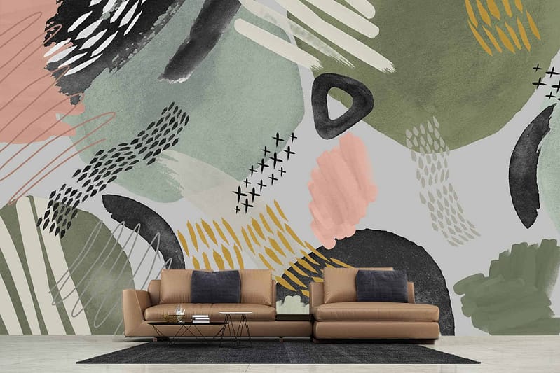 The wallpaper features a vibrant abstract mural with various shapes and brush strokes in green, pink, yellow, white, and black.