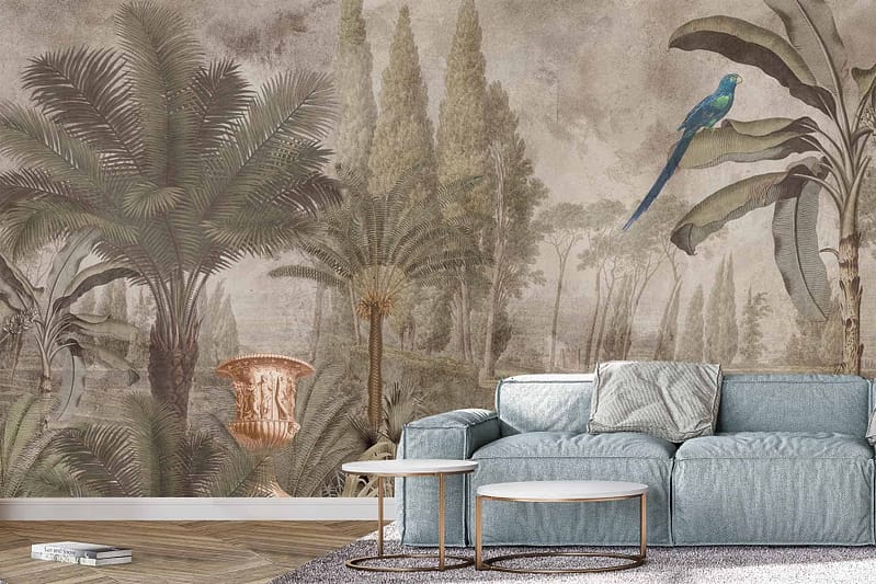 Wallpaper: large mural, tropical plants, trees, summer vibe, blue and green bird perched in foliage. Colors: green, various shades of blue. Key elements: tropical flora and fauna.