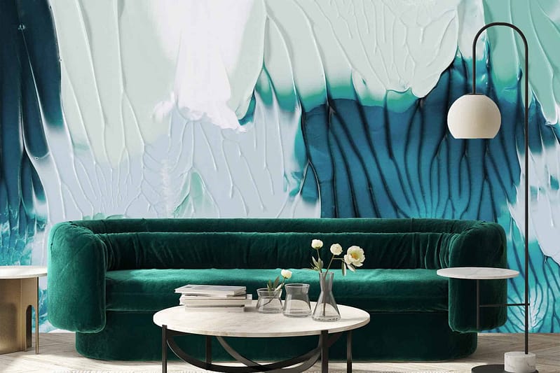 The wallpaper features a large, abstract mural in teal and white tones. The design boasts fluid, dynamic patterns with varying shades of teal blending seamlessly into crisp white accents, creating a visually striking and contemporary backdrop.