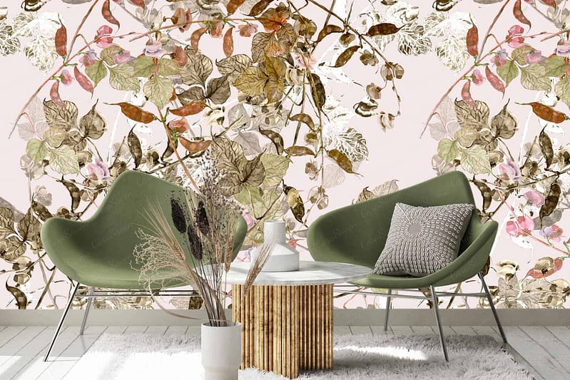 The wallpaper features a detailed floral design with green, brown, and pink leaves. The pattern is reminiscent of a vineyard in bloom, showcasing an array of leaves and vines intertwined in a lush tapestry.