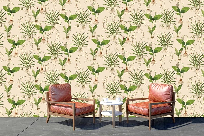 The wallpaper features a beige base with a lush, green botanical design. Elements include various shades of green leaves, vines, and possibly small flowers. The overall effect is one of greenery flourishing, giving the space a vibrant and natural ambiance.