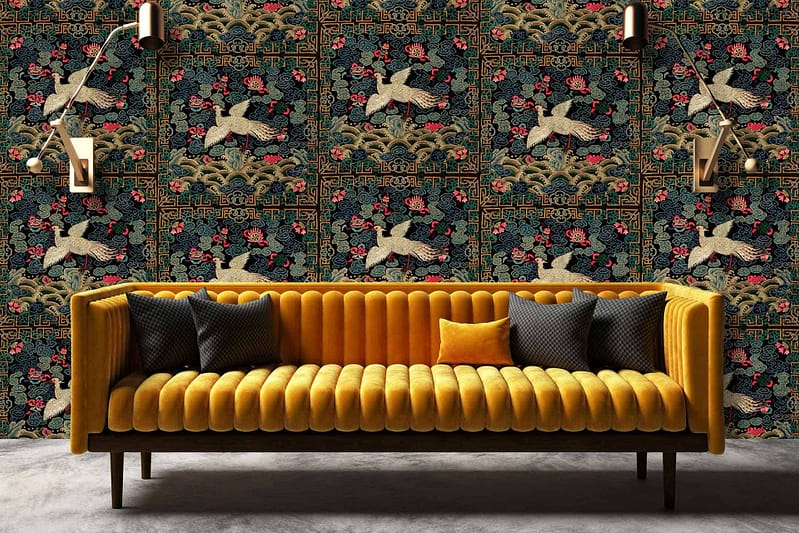 Ornate birds, floral designs, dark hues, bold patterned tapestry wallpaper.