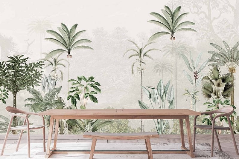 The wallpaper features a mural of tropical plants and palm trees, showcasing elements like leafy fronds and trunks. The color palette includes muted greens and browns, creating a serene, nature-inspired aesthetic.