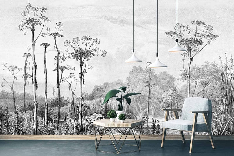 Wallpaper features a mural of tall, sketch-like trees and foliage. Colors: various shades of green, brown, and subtle greys.