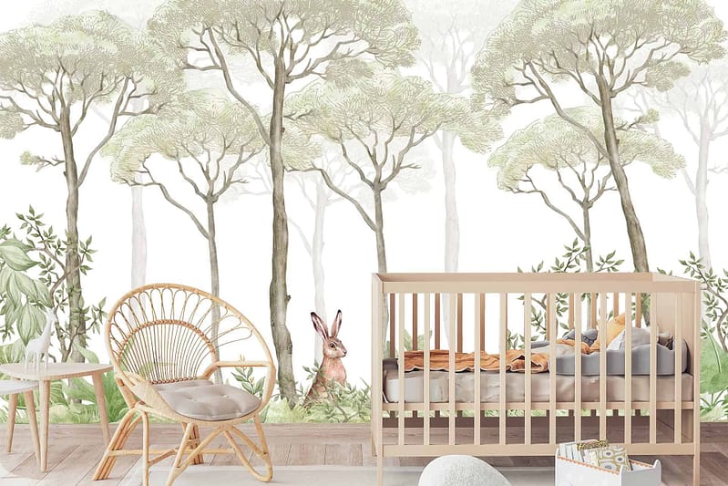 A forest-themed mural featuring tall trees and a rabbit. The colors include various shades of green, brown, and hints of white.