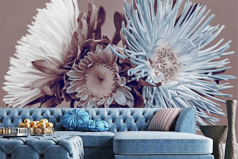 The mural "The Truth" features large flowers in shades of white, cream, and light blue. Elements include floral designs and soft color tones.