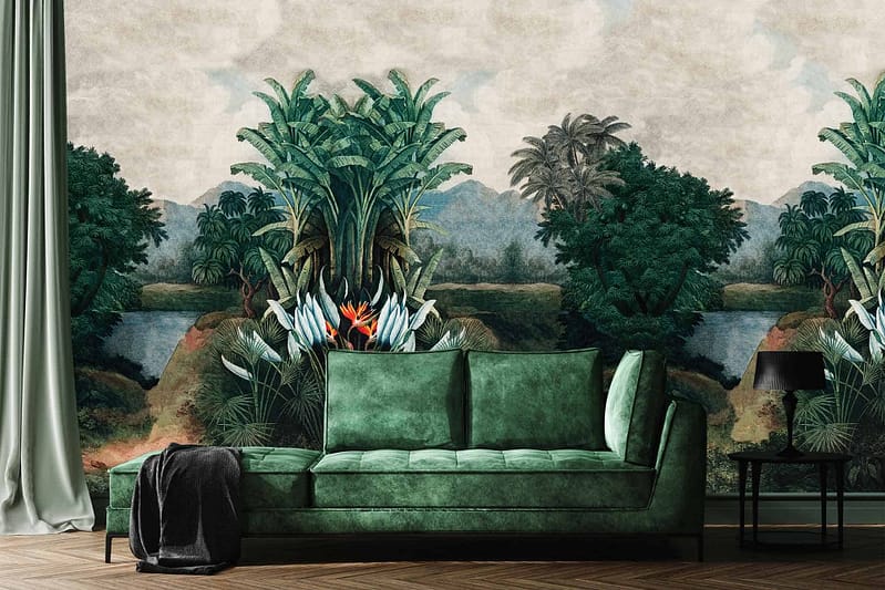 The wallpaper features a vibrant tropical scene, showcasing dense greenery and large palm leaves. The color palette includes rich greens, deep forest hues, and accents of natural earth tones. The overall ambiance is lush and jungle-like.