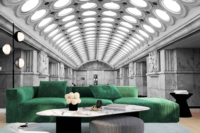 Modern living room wallpaper features a grand architectural hallway with round skylights, giving an immersive experience. Highlights include intricate details of archways, columns, and shadows, predominantly in shades of white, grey and subtle hints of gold. The design evokes a sense of opulence and elegance. Ideal for those seeking refined luxury.