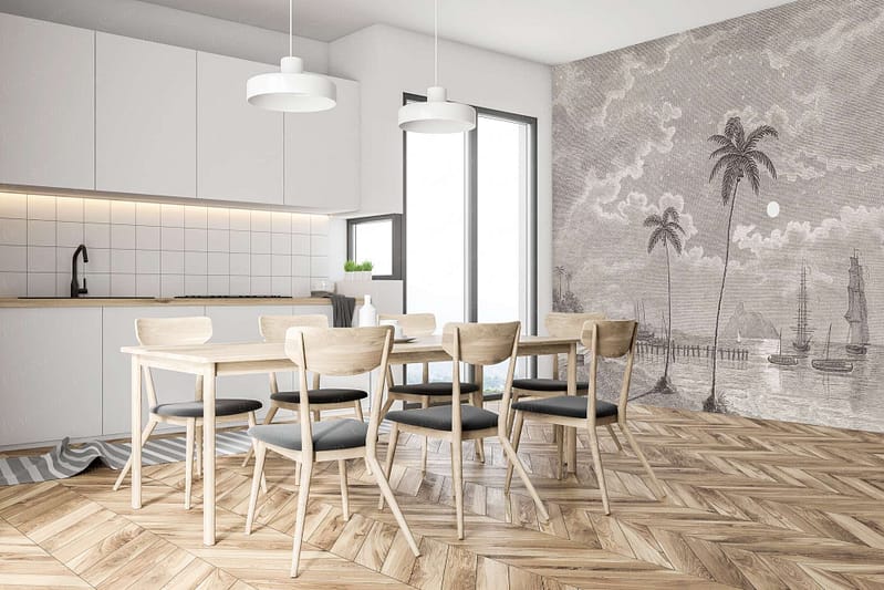 Vintage mural featuring palm trees, ships under a moonlit sky. Elements include: palm trees, ships, moon. Colors: shades of blue, green, black. Tranquil and peaceful design.