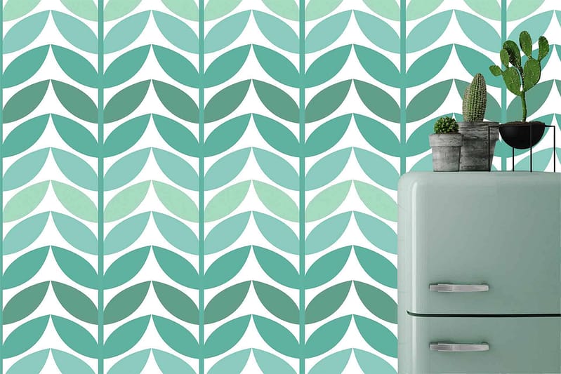 Geometric leaf-patterned wallpaper in shades of green and white.