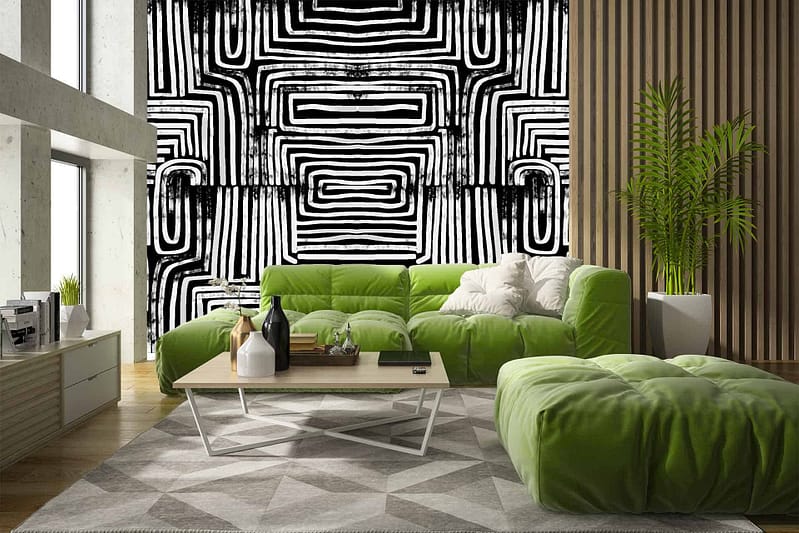 The wallpaper in this contemporary living room features a bold black and white abstract design reminiscent of tribal art. Key elements include geometric shapes, dynamic lines, and striking contrasts between black and white. The pattern is eye-catching with a rhythmic flow that adds an artistic touch to the space.