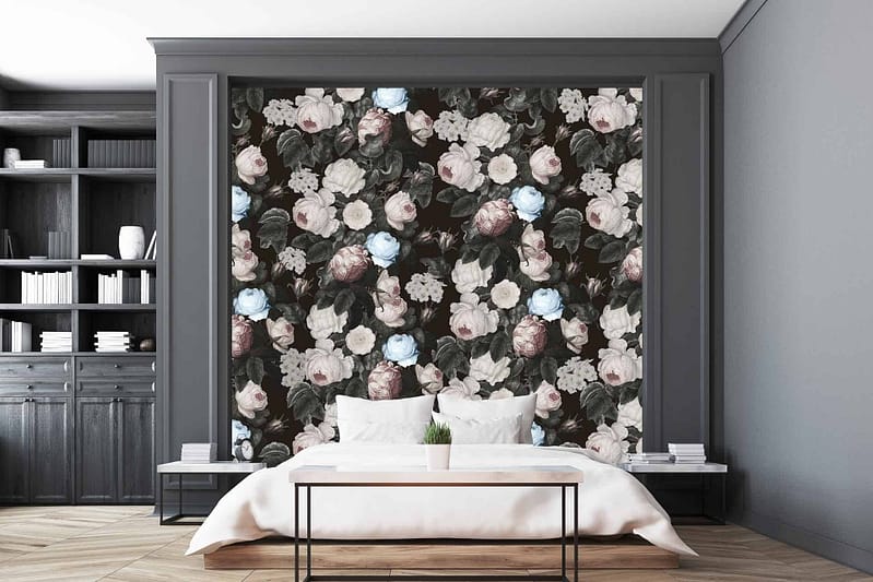 Dark floral wallpaper with rich, deep hues: think midnight blues, lush purples, and crimson blossoms. Victorian elegance with intricate patterns of roses, peonies, and vines. Hints of dark green leaves intertwine throughout. Perfect backdrop for a modern yet timeless bedroom.