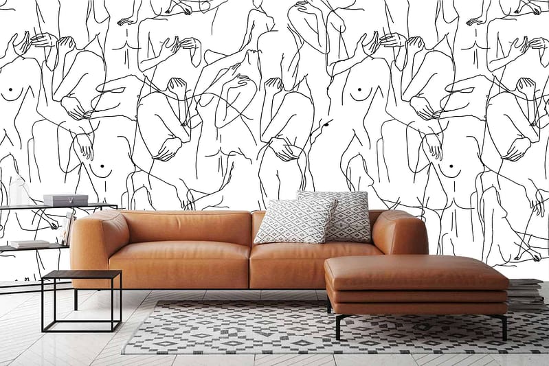 The wallpaper features a large-scale mural titled "Virgin Bodies" with minimalistic line drawings of abstract human figures in neutral tones.