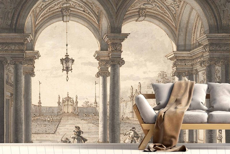 The wallpaper features a detailed mural with grand arches, classical columns, and an elaborate courtyard scene. The color palette includes rich shades of maroon, deep golds, and subtle earthy tones to capture the opulence of classical architecture.
