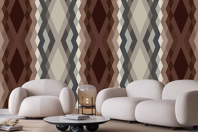 The wallpaper features a geometric, multicolored diamond pattern in earthy tones. Colors include muted greens, browns, tans, and soft whites. The design has a retro yet contemporary feel, with uneven shapes that create visual interest and depth. Elements: diamond patterns, geometric shapes, earthy tones.