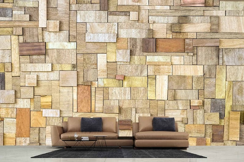 The wallpaper features a wooden wall backdrop with variously sized and colored rectangular panels, showcasing shades and textures reminiscent of a Woodchuck's craftsmanship.