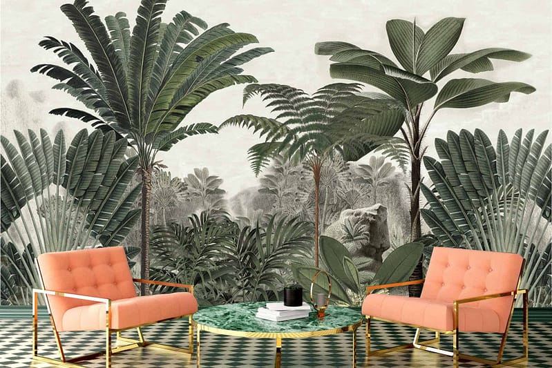 The tropical mural at the New Dawn Lounge features large green palm leaves and ferns.