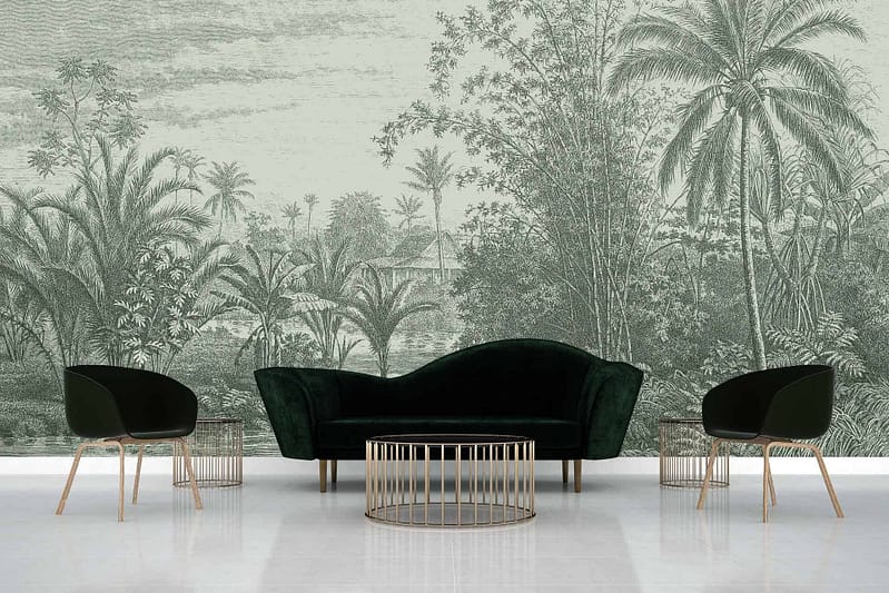 Wallpaper features: detailed bygone tropical landscape, palm trees, huts, elegant and nature-inspired design, sage tones.