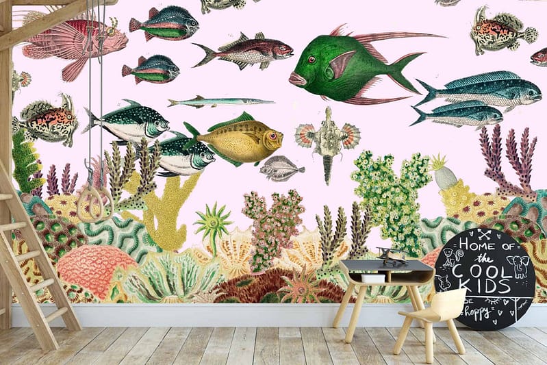 The wallpaper is an underwater-themed mural featuring various exotic fish, colorful coral, and vibrant sea plants. It showcases hues of blue, green, orange, yellow, red, and pink. The mural depicts an abundant ocean scene with intricate details of marine life.