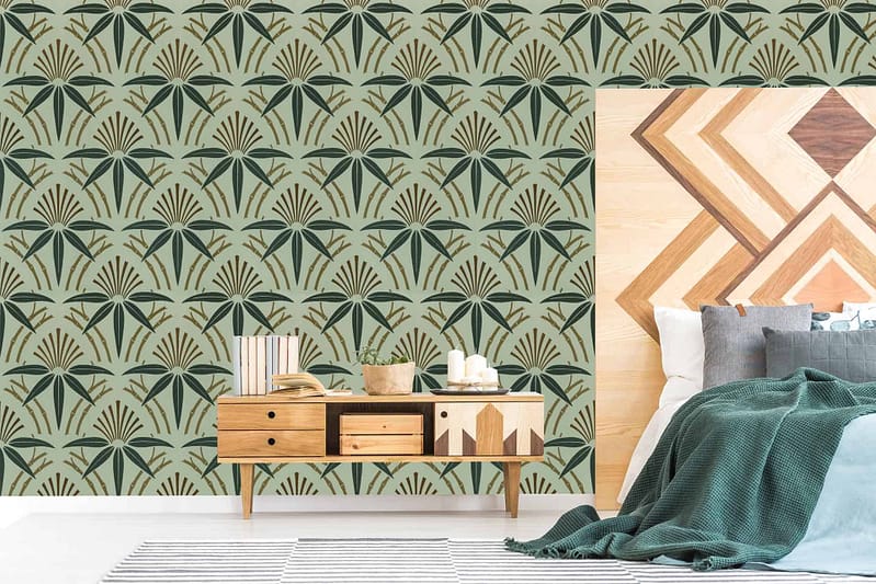 Green and beige patterned wallpaper, stylized palm leaves.