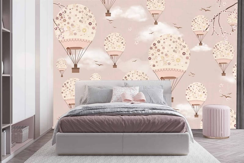 Floral hot air balloon mural; beige, light pink, and brown tones.