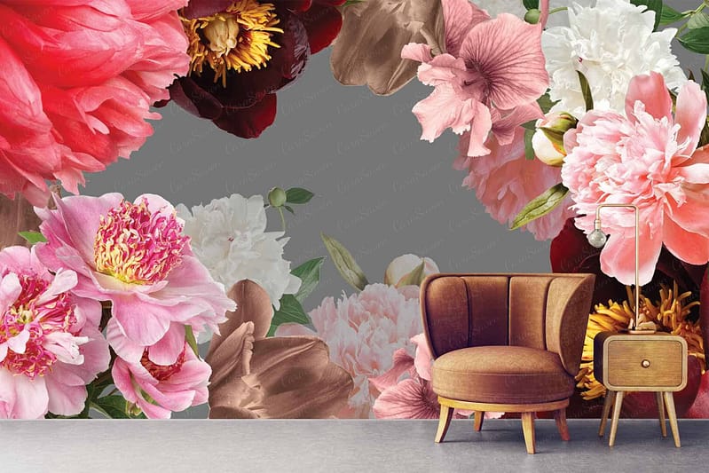 Vivid floral mural with large pink, red, white, and yellow flowers. Bright blooms of Alice's Garden create a striking contrast with the gray background.