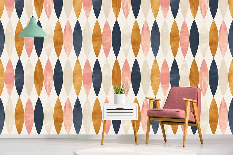Geometric wallpaper, oval shapes, peach, navy, mustard yellow, beige.