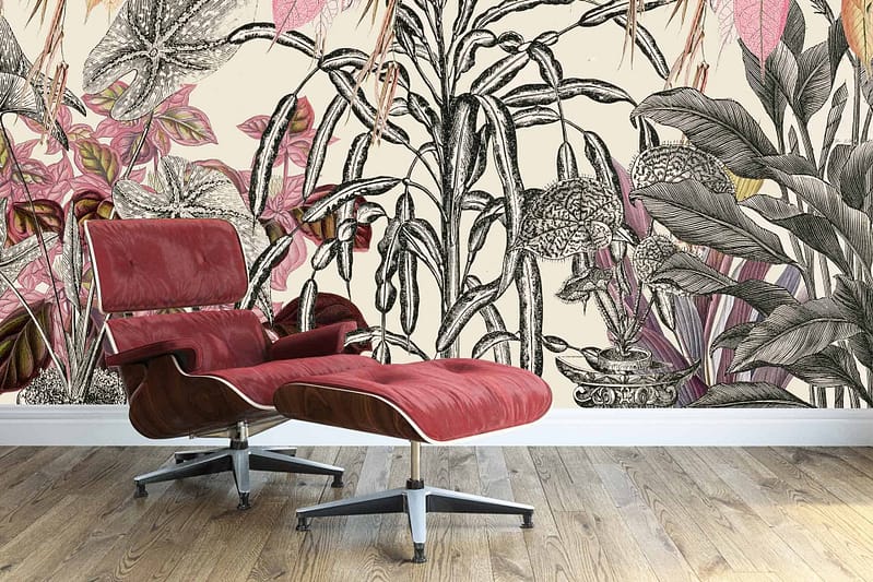 Black and white botanical wallpaper with intricate plant and flower drawings, accented with muted pink highlights.